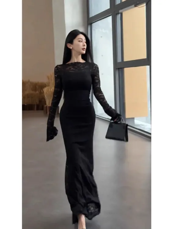 法式白色长袖蕾丝连衣裙女早春秋高级修身收腰气质包臀鱼尾长裙子