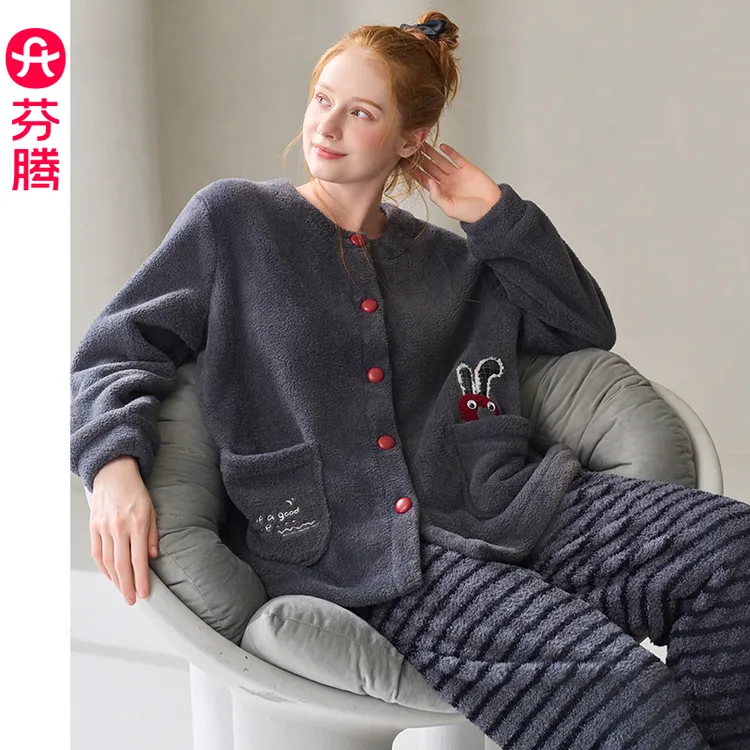 芬腾睡衣女款新款秋冬季加绒加厚保暖珊瑚绒长袖套装可外穿家居服