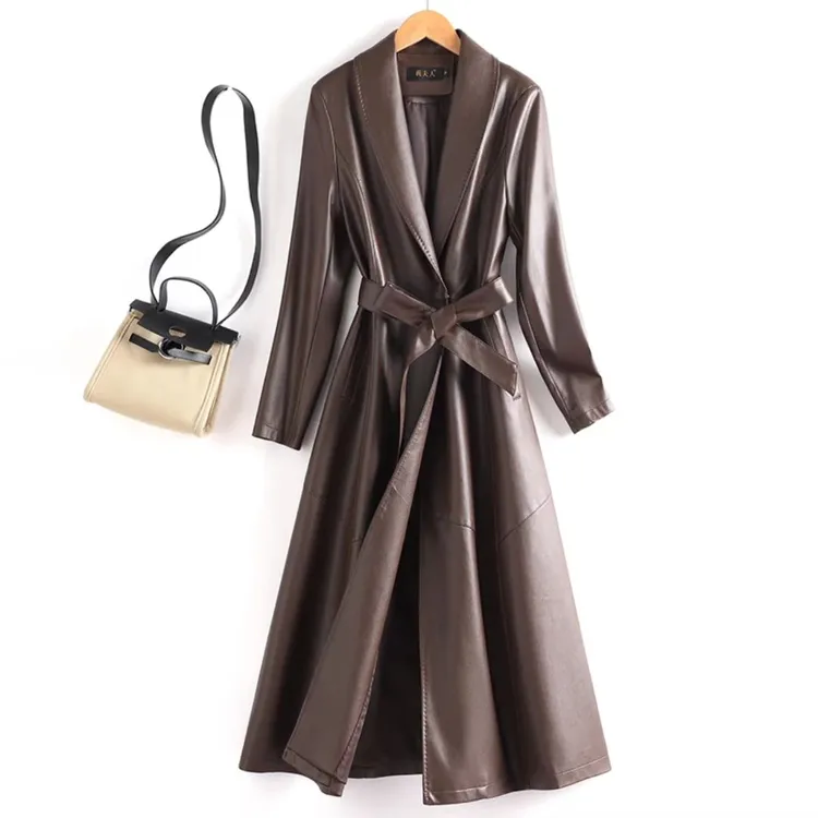 海宁真皮皮衣女过膝长款皮风衣大衣外套绵羊皮收腰显瘦气质轻奢