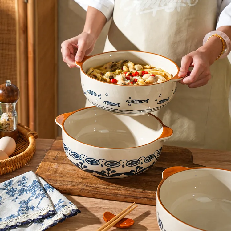 舍里复古双耳酸菜鱼大碗陶瓷汤碗釉下彩高级感家用水煮鱼大碗汤盆