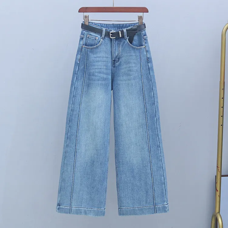冬季浅蓝色加绒加厚阔腿九分裤2025年时尚百搭直筒裤高腰女牛仔裤