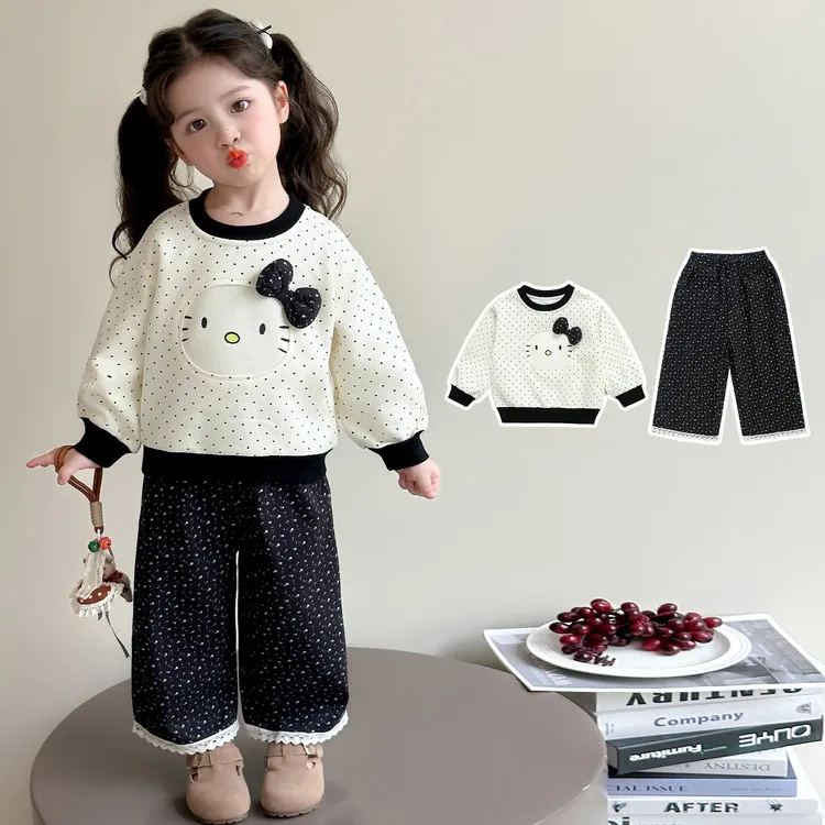 女小童韩系套装春秋款女宝宝圆点猫咪卫衣秋装小女孩阔腿裤两件套
