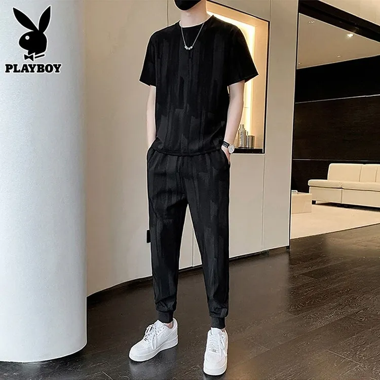 花花公子休闲套装男士2025年夏季新款冰丝短袖搭配运动长裤男一套