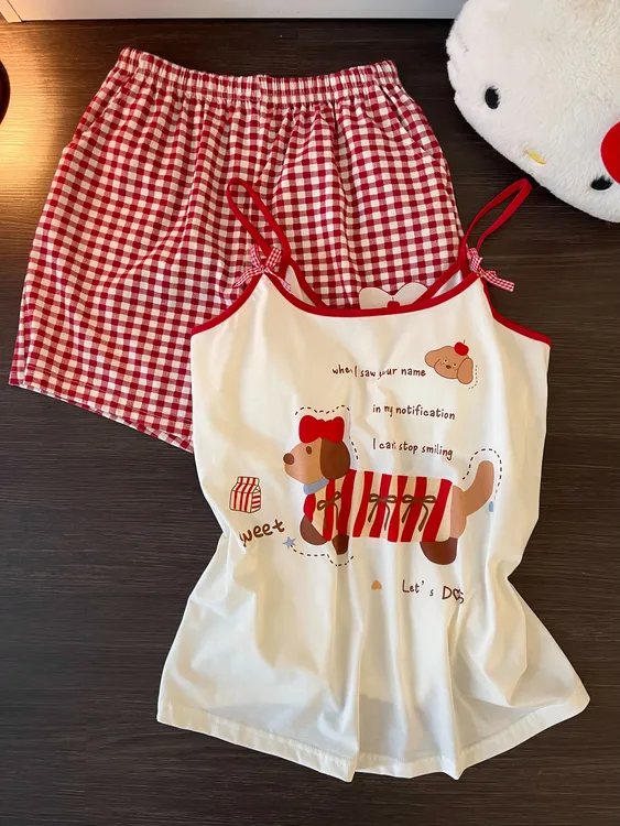 【DMXJ大梦想家】甜辣卡通印花睡衣女夏季新款格子短裤家居服两件套