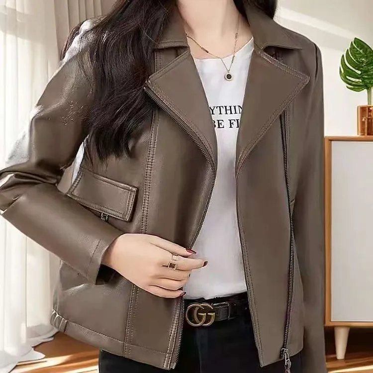 3501-秋冬气质显瘦职业翻领皮衣外套