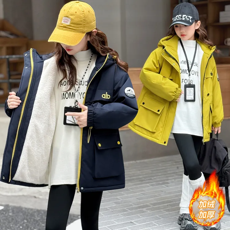 女童冬装时尚加绒派克服2025新款中大儿童8-15岁休闲加厚保暖风衣