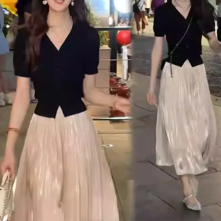 时尚套装女2025年夏季新款针织短袖流光纱裤裙气质显瘦薄款两件套