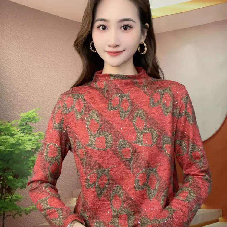 2025冬季新款澳绒长袖高领时尚显瘦印花T恤上衣A561