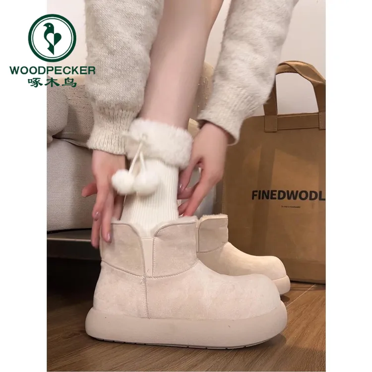 啄木鸟白色厚底雪地靴女2025年冬季新款加绒保暖加厚毛毛棉鞋短靴