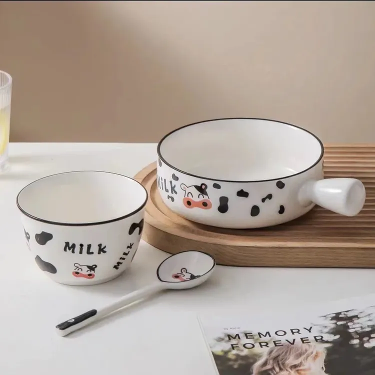 三件套奶牛ins饭碗泡面手柄碗勺子学生宿舍家用釉下彩陶瓷高颜值