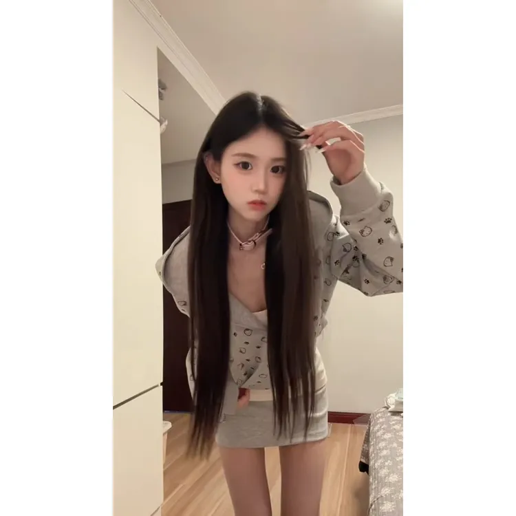 甜美可爱凯迪猫印花复古灰高级感开衫卫衣修身遮肉短裙睡衣套装秋
