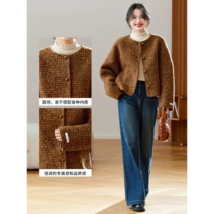 韩系复古撞色小香风秋冬双面羊毛大衣女圆领短款木扣圈圈毛呢外套