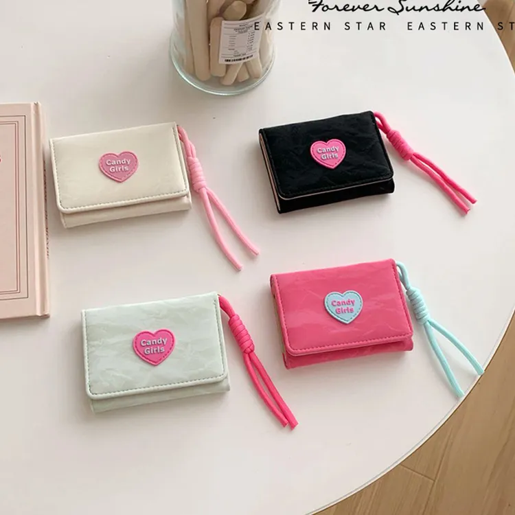 挂绳钱包韩版INS爱心糖果钱包女简约短款女士钱包多功能小包包