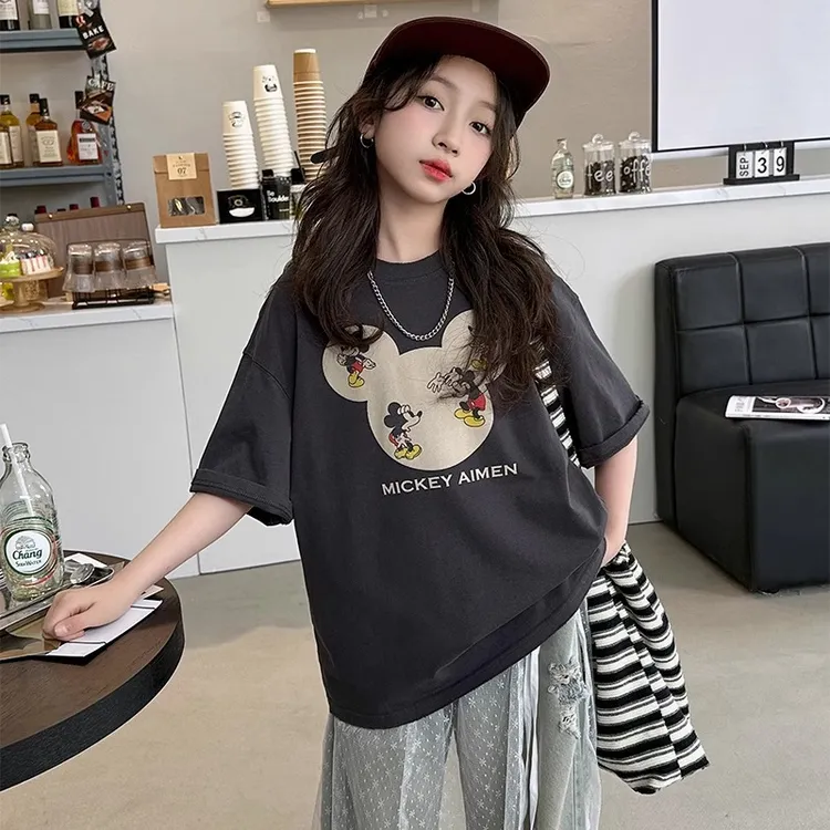 2025新款纯棉女童装短袖夏季t恤中大童宽松圆领美式卡通街头韩潮