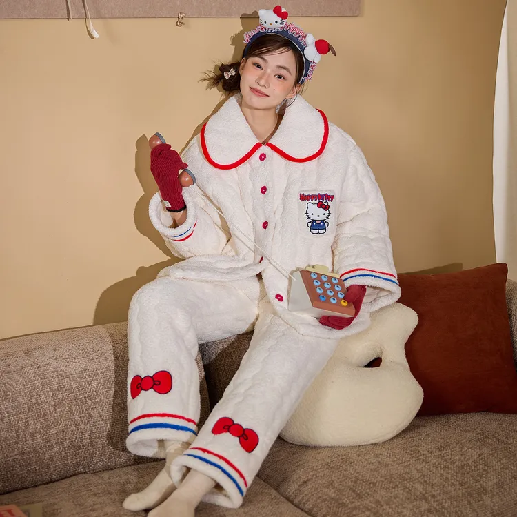 珊瑚绒睡衣女款爆款2025新款冬家居服加绒加厚三层夹棉半边绒套装