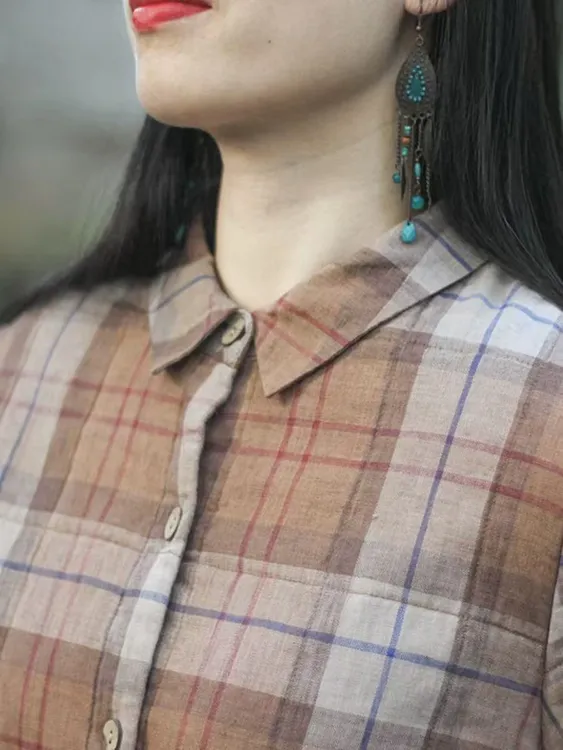 时尚加厚夹棉百搭复古长袖翻领衬衣上衣文艺格子宽松加棉衬衫女式