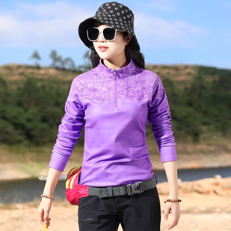 户外德绒弹力抓绒衣女上衣长袖T恤女保暖衣磨毛绒打底衫运动跑步