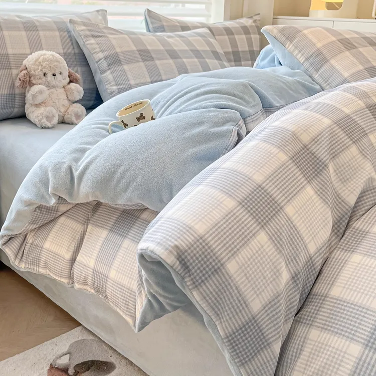 简约全棉牛奶绒床上四件套冬季加厚ab面纯棉珊瑚绒被套床单三件套