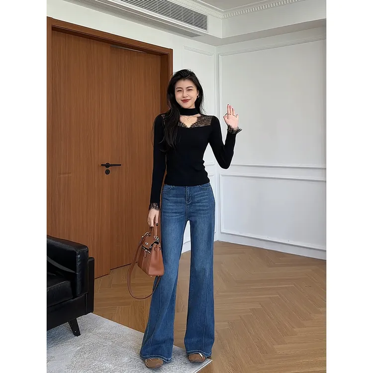 张阿星【微喇牛仔裤】冬季日常休闲百搭复古质感高腰垂坠微喇牛仔裤