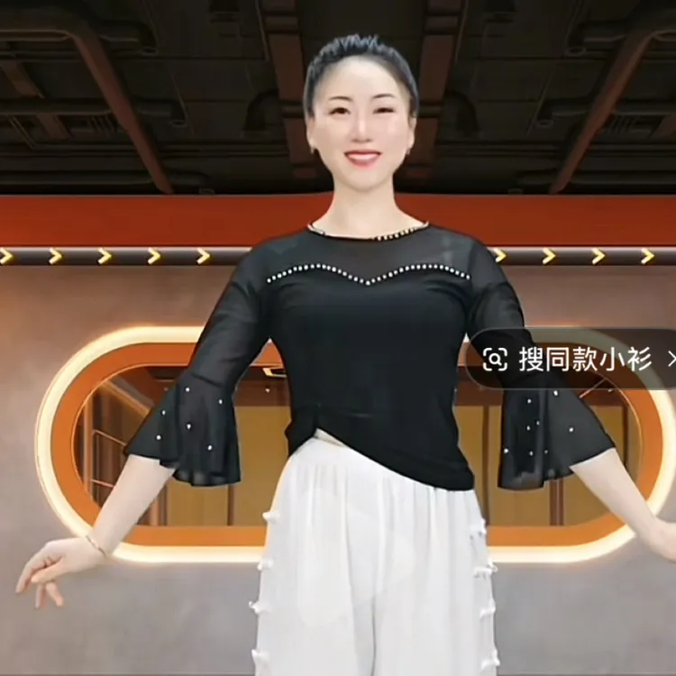 2025春夏新款广场舞服装上衣喇叭袖网纱水晶麻烫钻跳舞衣服女