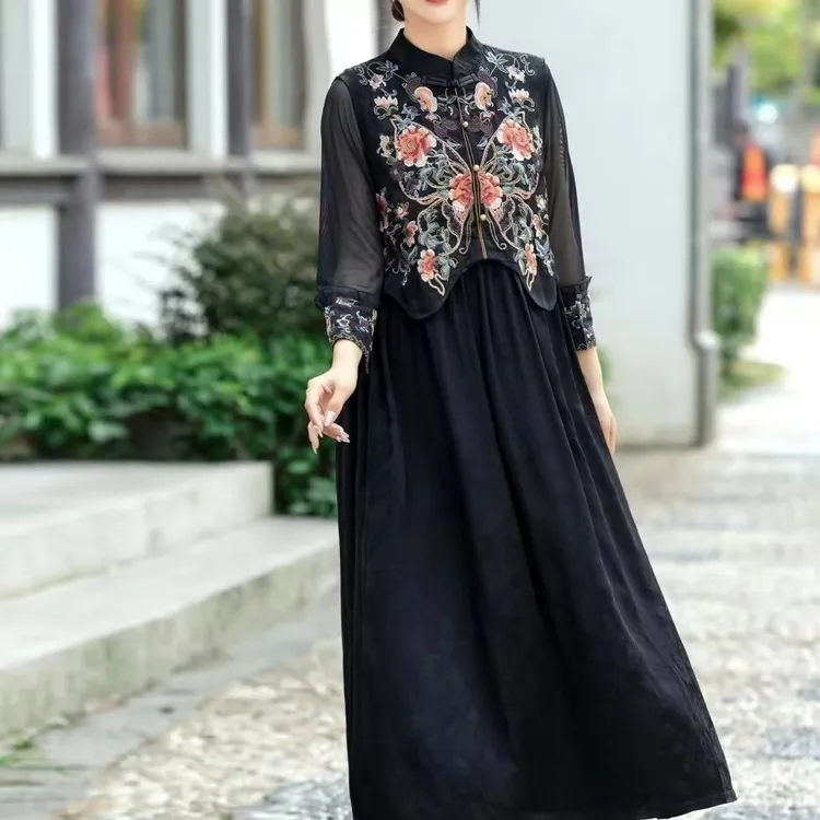 复古文艺中国风重工刺绣无袖中长马夹连衣裙时尚通勤女装