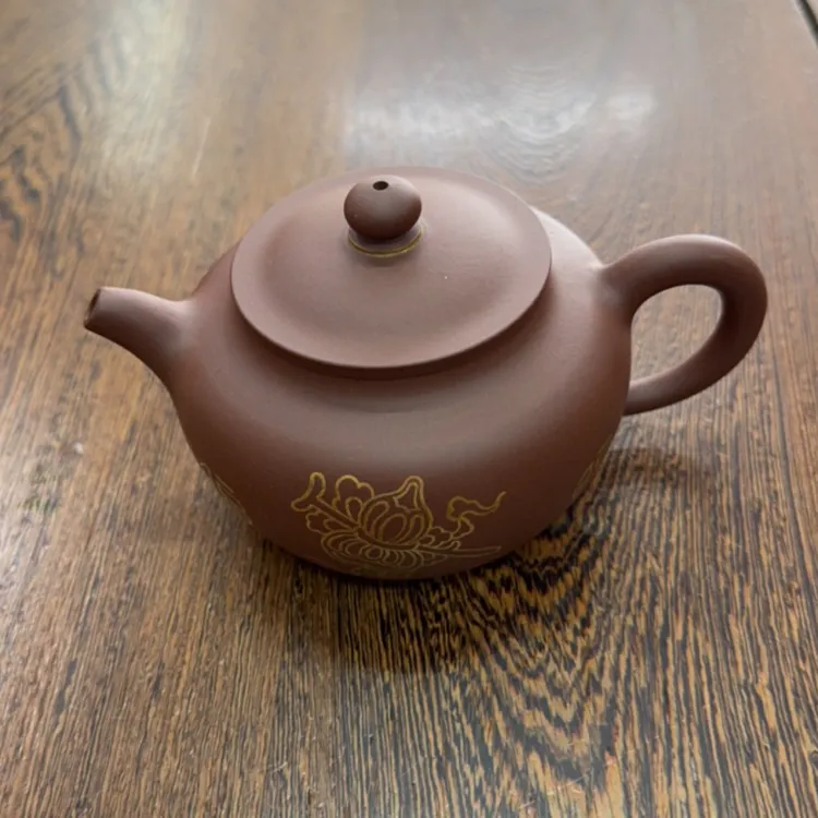 宜兴莲子壶红泥紫砂壶水平壶老壶描金180cc茶具泡茶壶泥壶圆壶