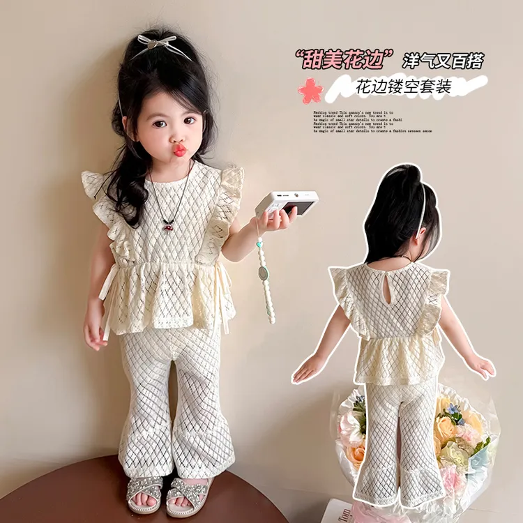 套装韩版夏季纯色女童中小童儿童蕾丝洋气休闲百搭镂空女宝甜美