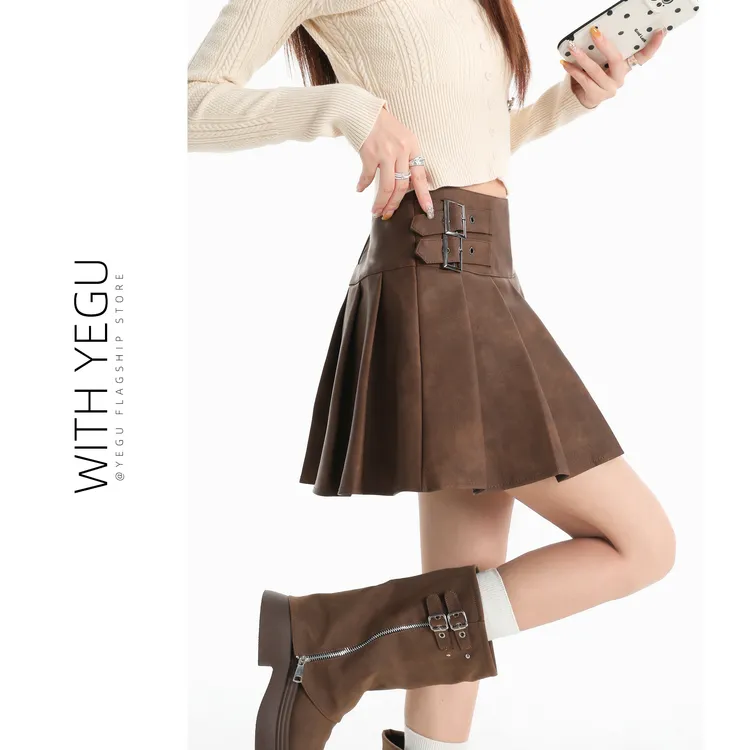 美拉德咖色pu皮短裙女2025秋冬季小个子高腰A字裙气质百褶半身裙