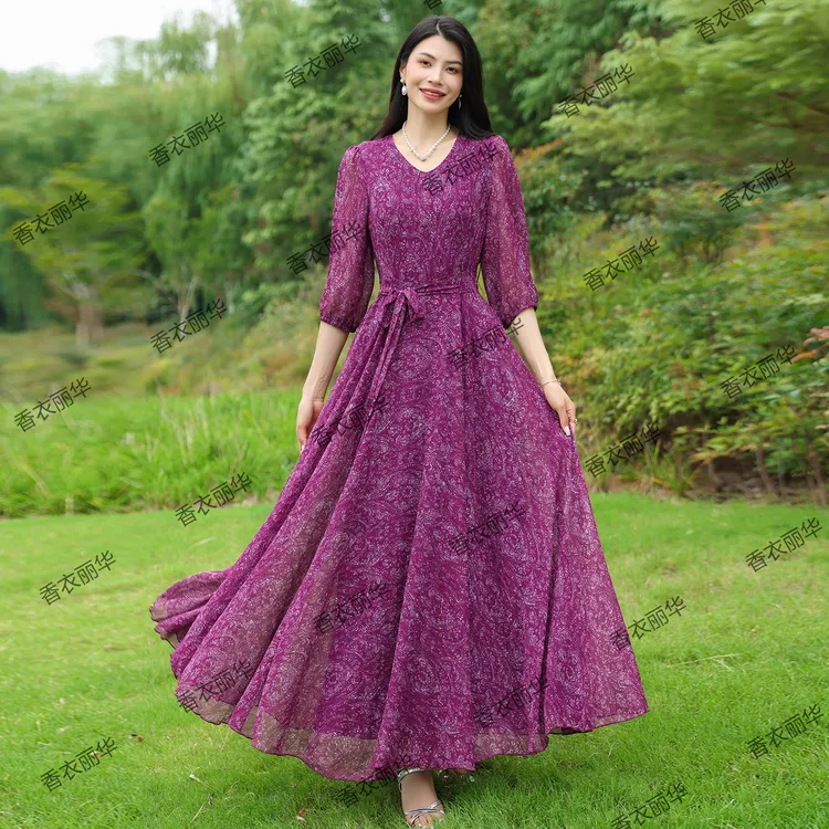 香衣丽华09-363夏季新款V领花色大摆度假沙滩连衣裙修身显瘦