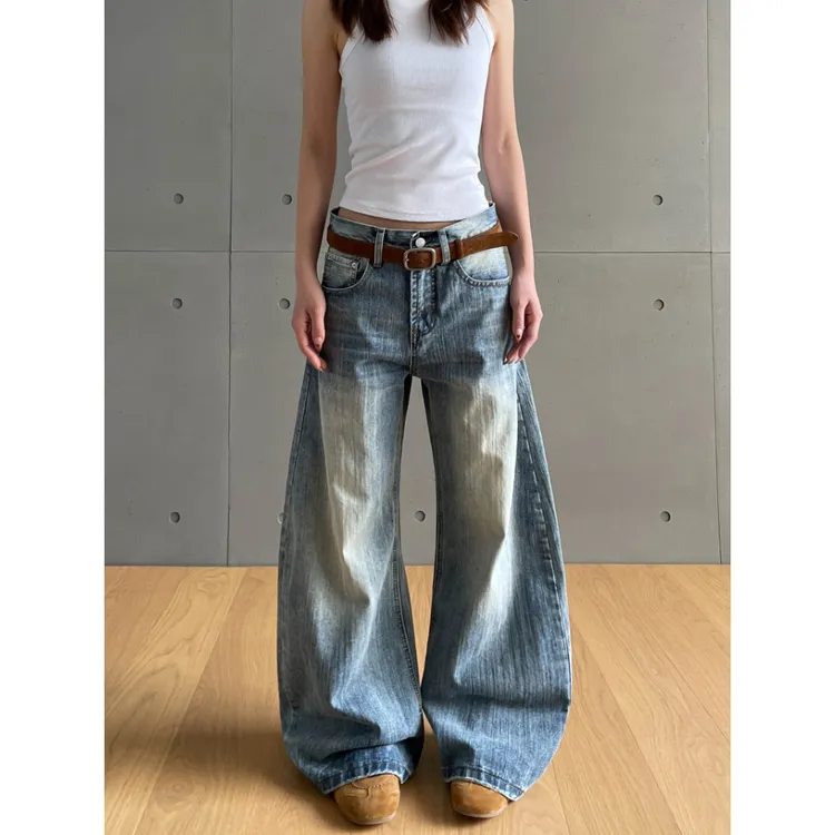 美式复古弯刀高个子牛仔裤女2025秋季竹节纹高级感cleanfit情侣裤