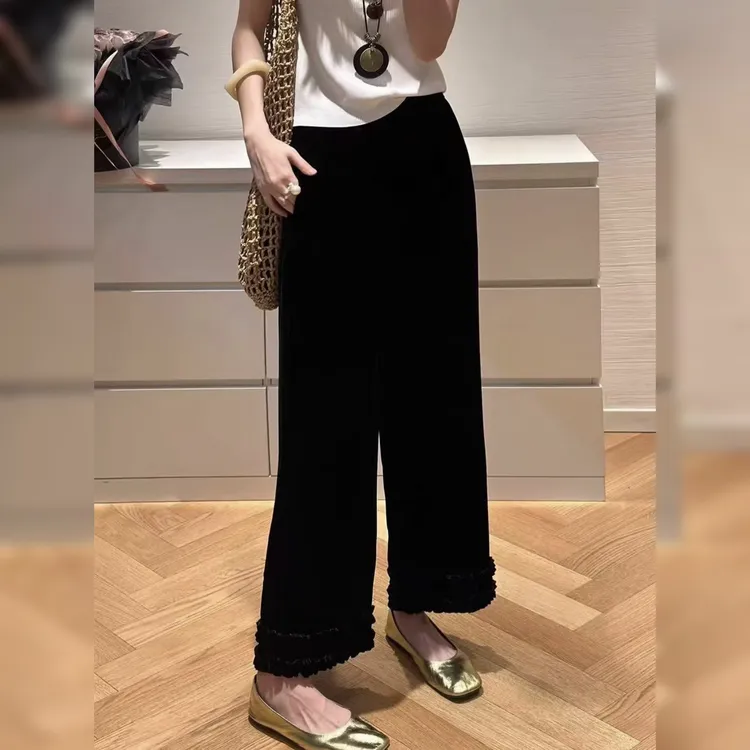 欧货高端丝绒阔腿裤女秋新气质木耳欧美风九分裤休闲裤宽松烟筒裤