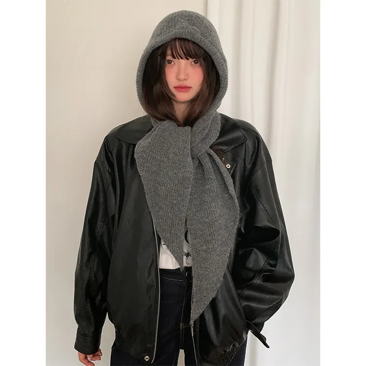 含羊毛秋冬连帽子围巾一体式保暖护耳时髦毛线帽女针织护颈围脖灰