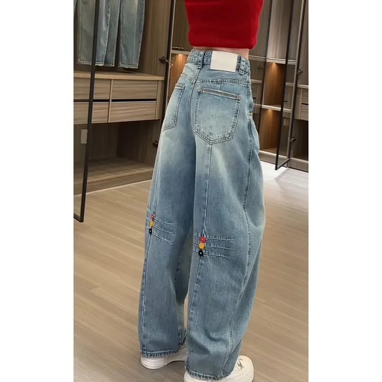 牛仔裤女士2025年早秋新款爆款裤子显瘦高腰蓝色弯刀裤宽松阔腿裤
