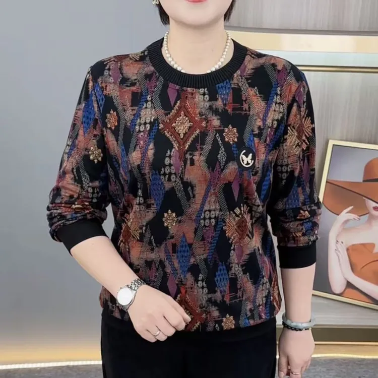 秋季新款时尚圆领中老年气质妈妈装休闲显瘦百搭长袖上衣H6611
