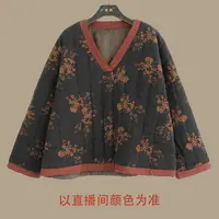 原创设计24-1786【时光若止】文艺复古亚麻印花拼色V领套头棉衣