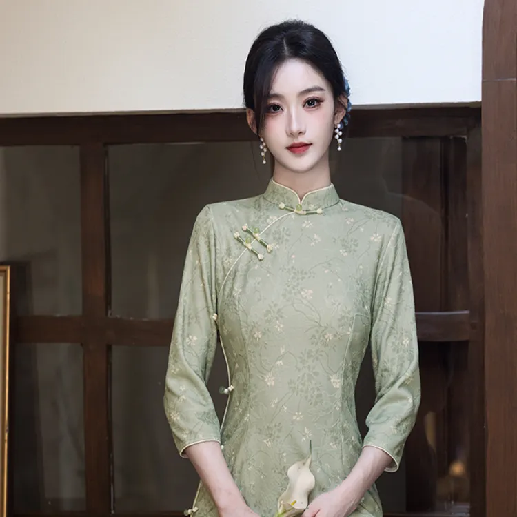 云【拂晓】单旗袍中式秋季优雅气质绿色日常中国风改良旗袍（长110）