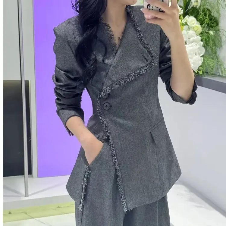 0901秋季新款气质设计感流苏边外套+宽松垂感阔腿裤上衣两件套女