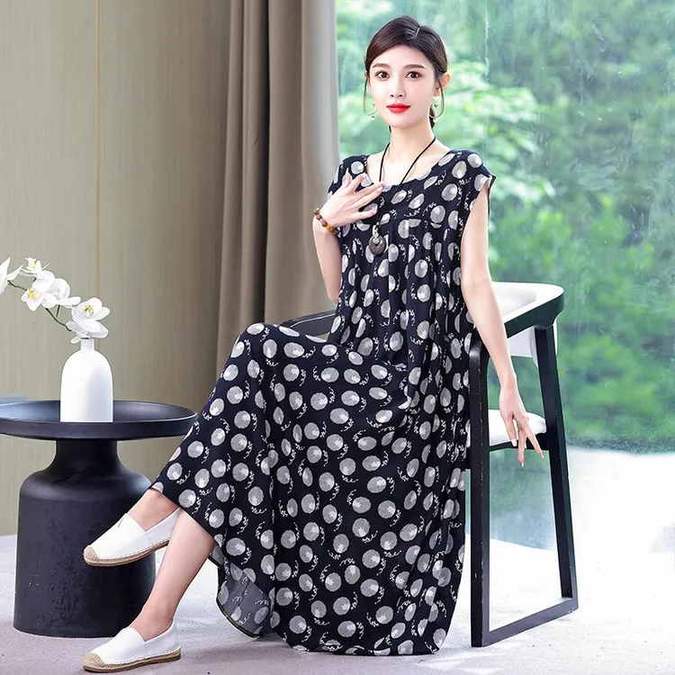 2025年新款棉绸睡裙女夏天时尚宽松睡衣遮肚大码人造棉连衣裙外穿