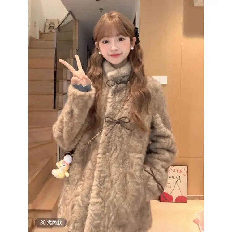 小熊心事 立领染尖环保皮毛一体外套女冬季慵懒休闲加厚毛毛大衣