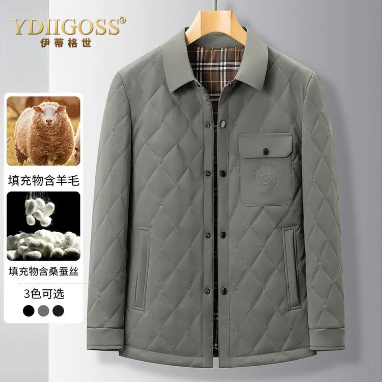 YDIIGOSS夹克棉服男款轻薄商务冬装外套菱形格桑蚕丝薄款棉袄衬衫