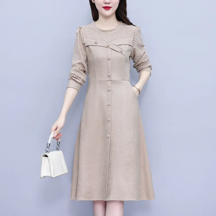 大码裙子秋冬鹿皮绒圆领波点拼接气质显瘦百搭长袖连衣裙FA#8108