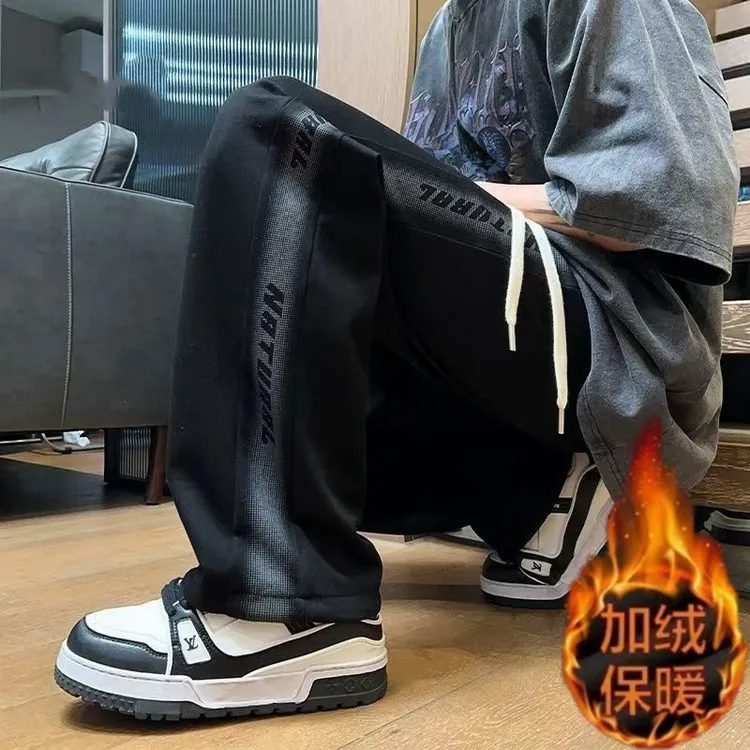 美式重磅加绒加厚卫裤男秋冬季新款阔腿休闲裤子宽松直筒运动长裤