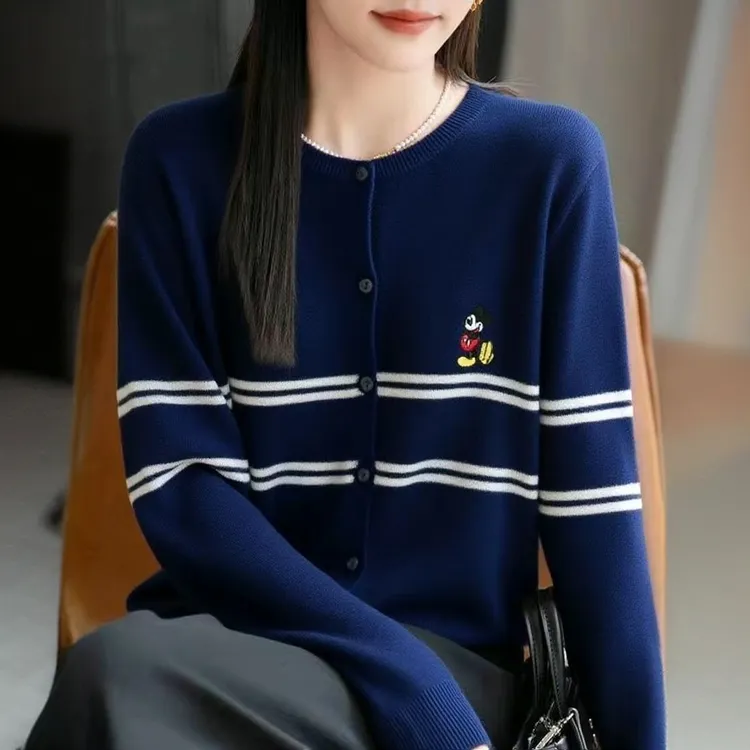 大码女装单排扣圆领条纹针织开衫秋季新款休闲百搭长袖上衣1181