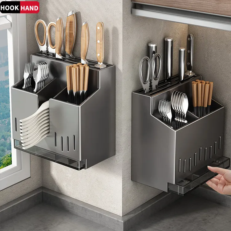 不锈钢筷子收纳盒刀架一体式收纳厨房置物架壁挂式勺子桶筷笼