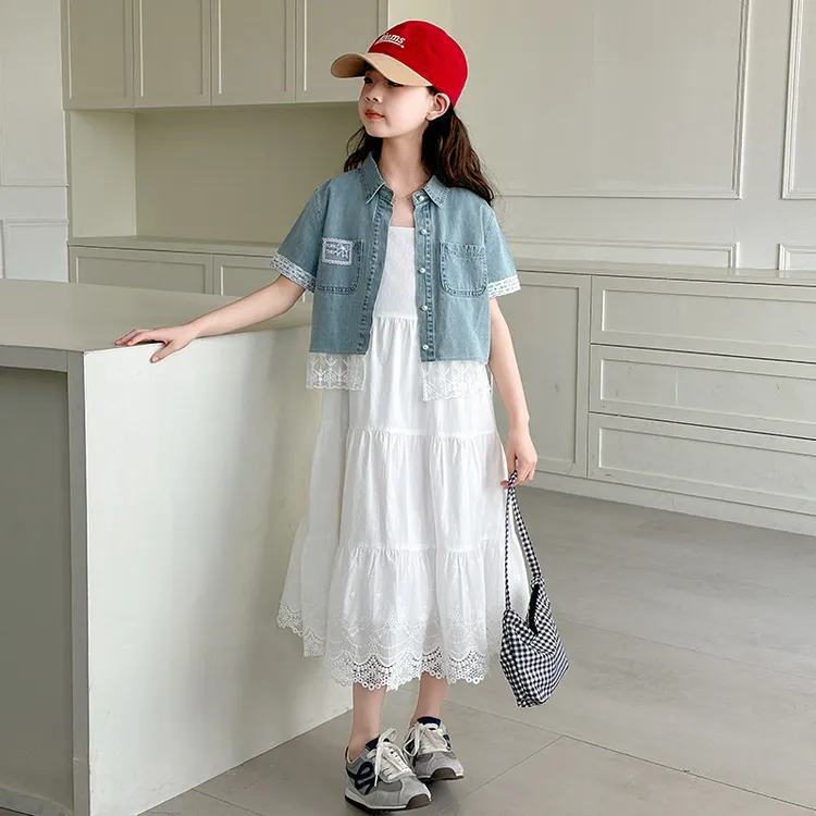 女童连衣裙夏季2025新款儿童花边时尚牛仔外套女孩纯色洋气吊带裙