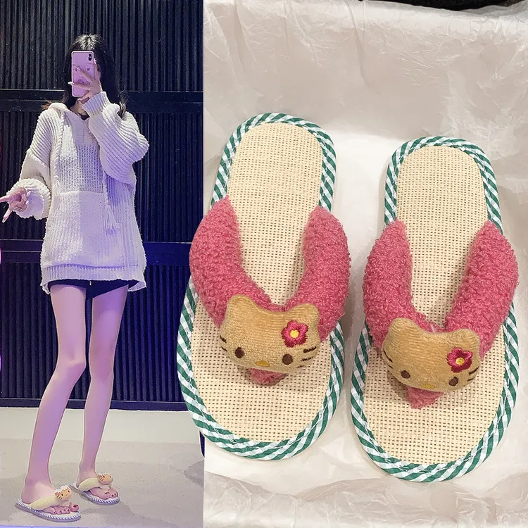 夏季可爱日式拖鞋女家居室内亚麻软底静音轻便日系夏天外穿人字拖