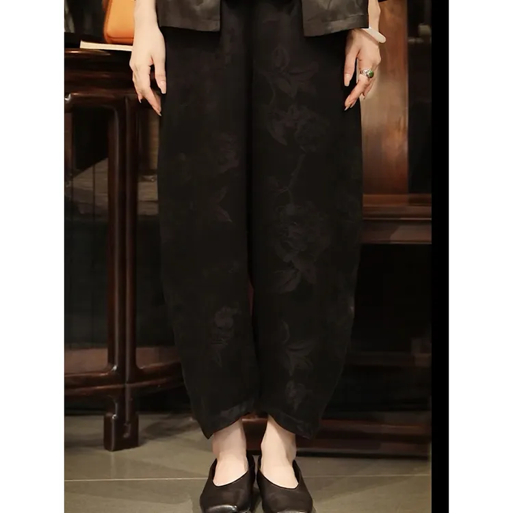复古日记“颜洛”100桑蚕丝中式裤子女232K6023