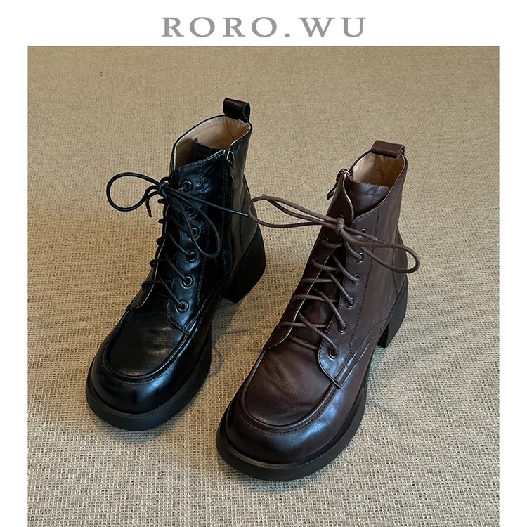 娆娆吴·牛皮复古系带马丁靴酷潮高跟粗跟圆头短靴日常小皮鞋X417