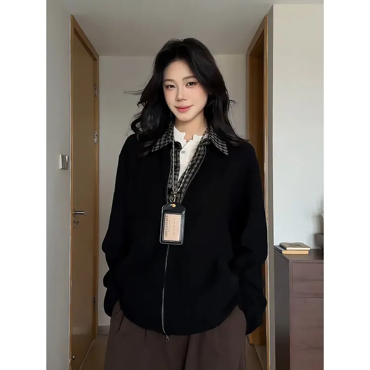 黑色假两件衬衫外套男款秋季格纹拼接设计感衬衣cleanfit美式夹克