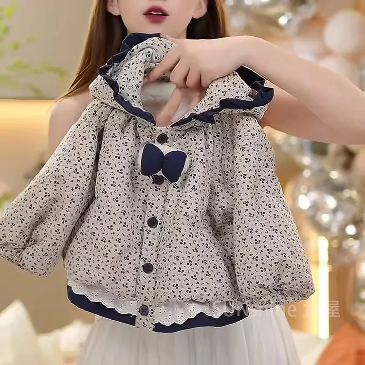 女童秋冬季棉服加厚洋气外套2025新款儿童韩版连帽碎花蝴蝶结棉衣